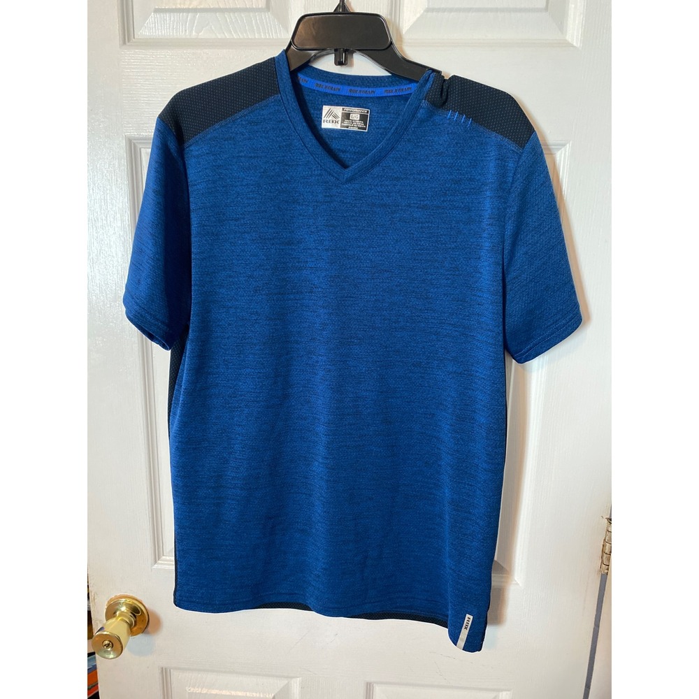 RBX X-Train Performance Mens V-Neck Athletic Shirt Blue Black Space Dye Large